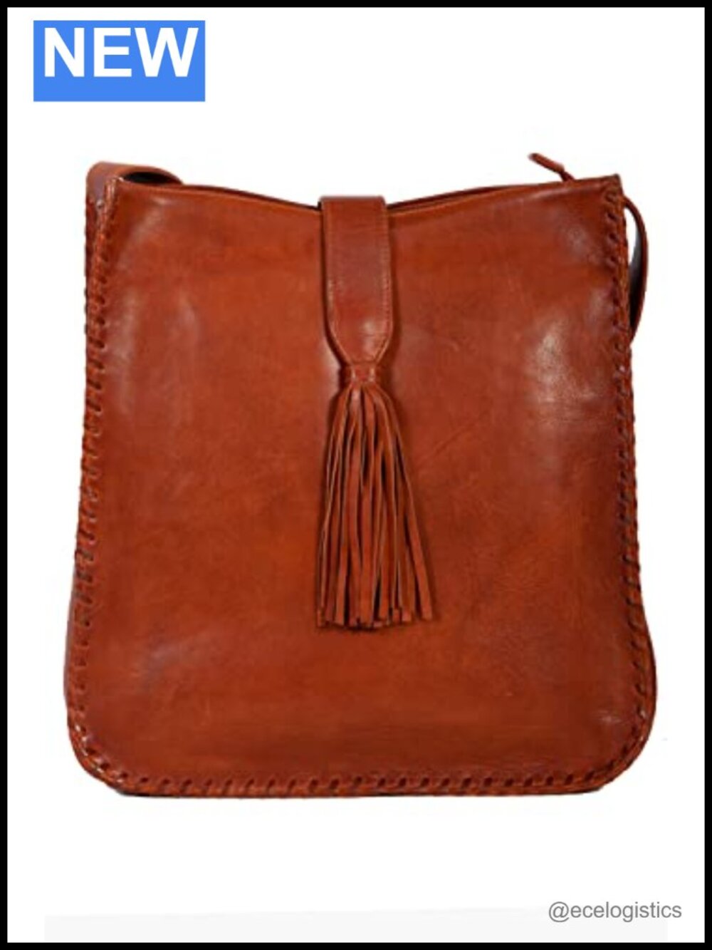 Genuine Leather Bowler Handbag with Whipstitching, Top Zipper Closure
